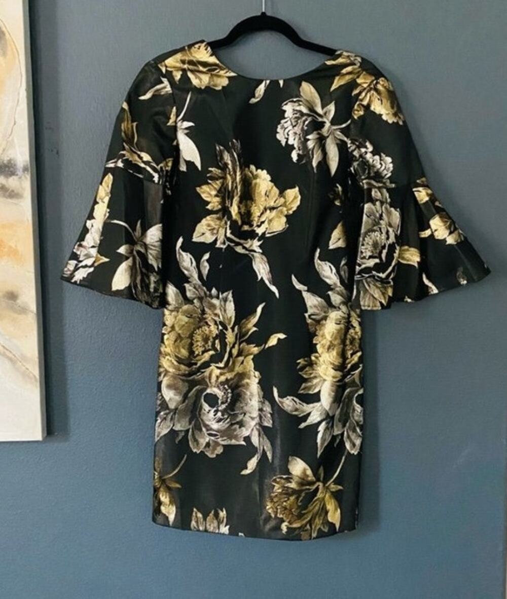 Trina Turk rachelle jacquard formal dress floral gold size 2 NWT black